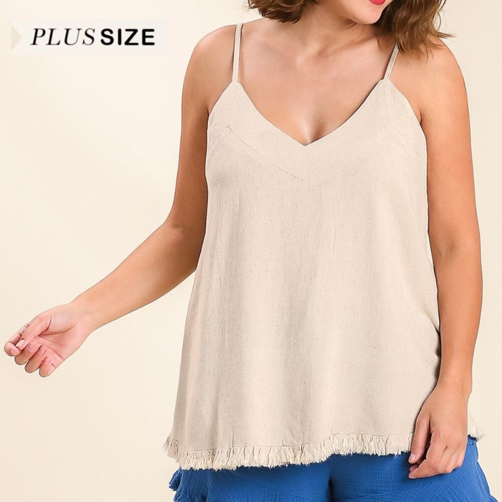 Cute Linen Blend V-Neck Tank Top w Ruffle Hem & Adjustable Spaghetti Straps - Picture 1 of 13
